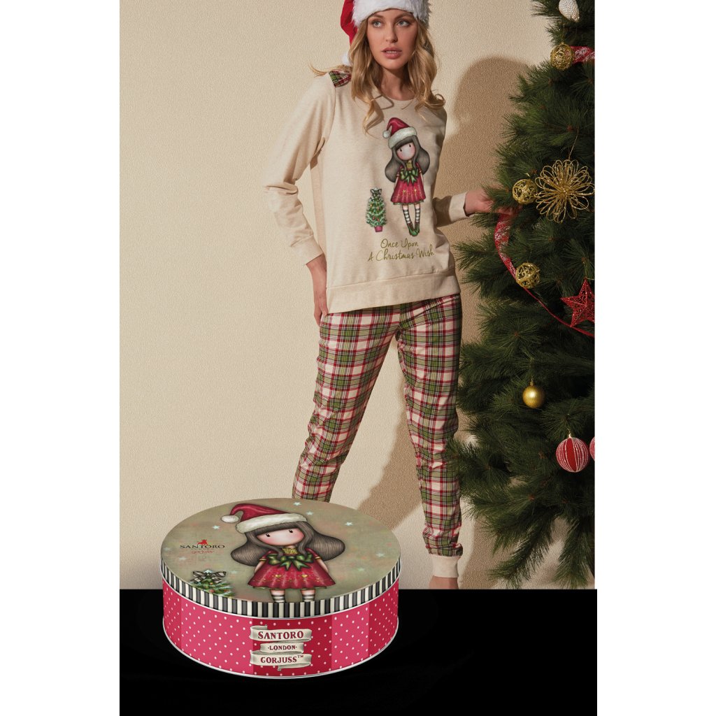 Santoro Gorjuss - Christmas Wish - Dámske pyžamo dlhé s károvanými nohavicami béžovo-zelené 55540