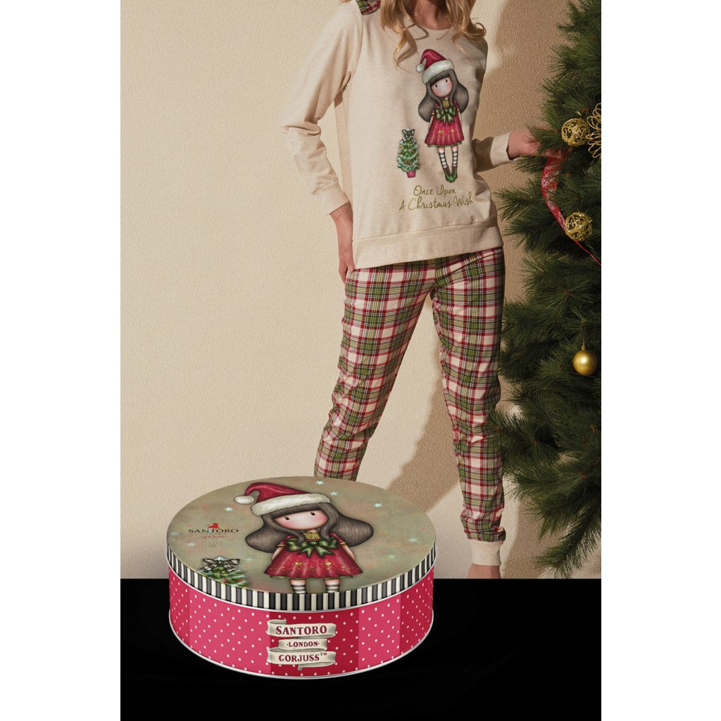 Santoro Gorjuss - Christmas Wish - Dievčenské pyžamo dlhé s károvanými nohavicami béžovo-zelené 55599