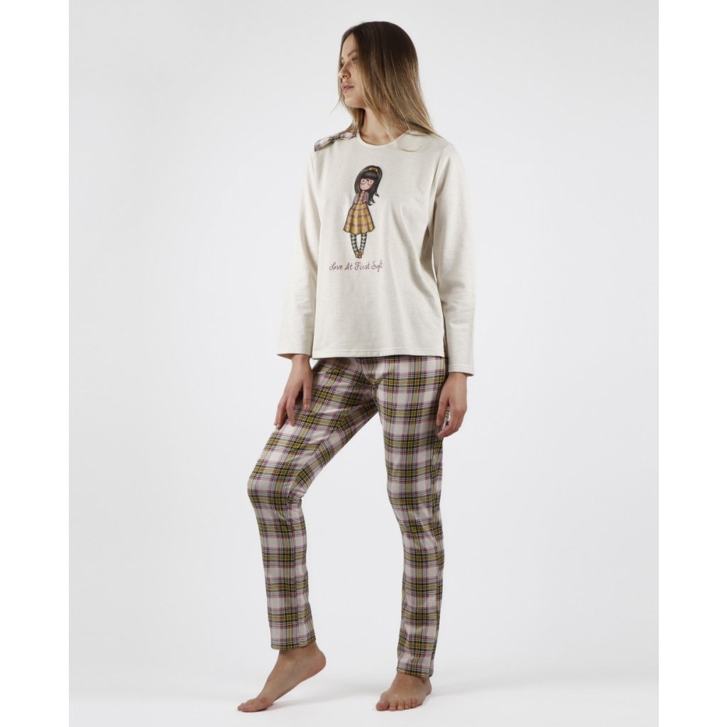 Santoro Gorjuss - Love at First Sight - Dámske pyžamo dlhé s károvanými nohavicami béžovo-zelené 56606
