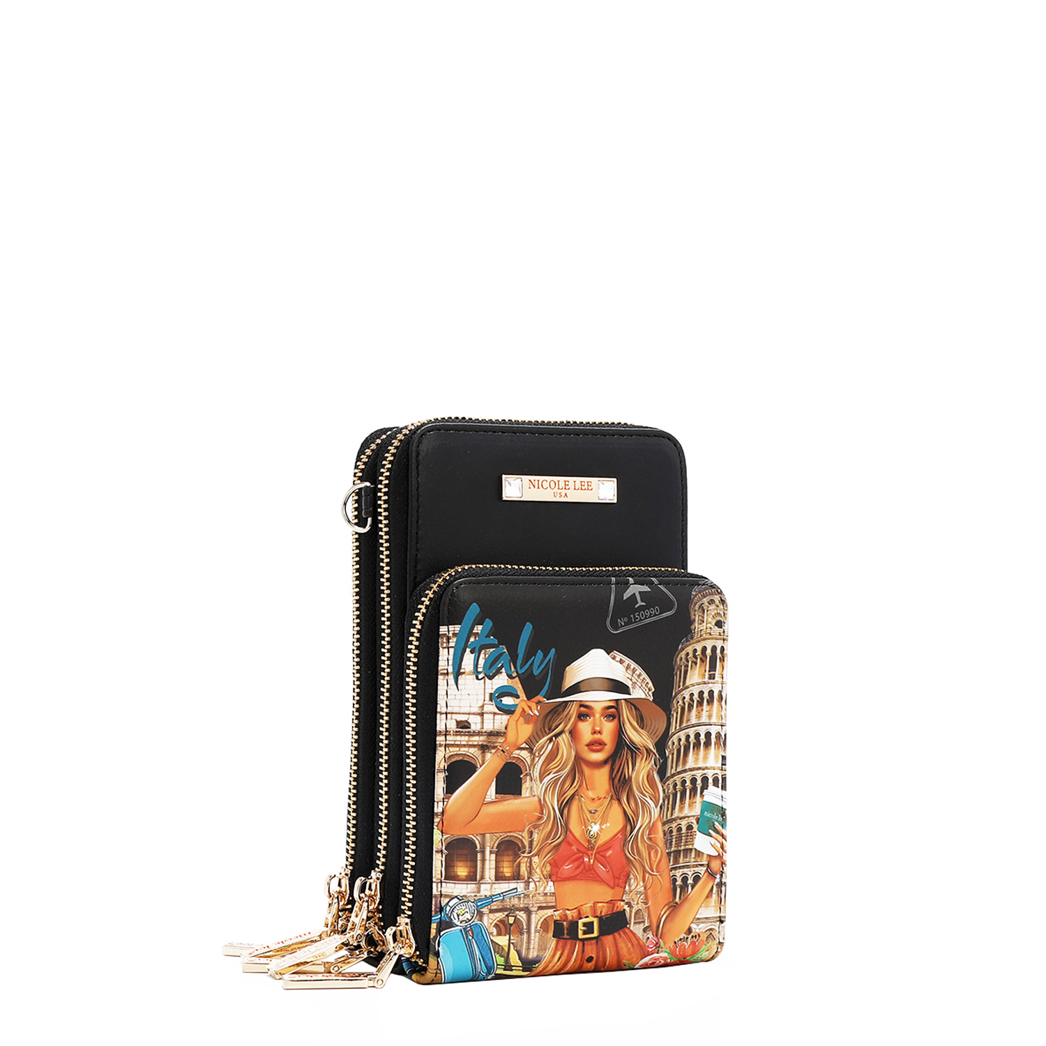 NICOLE LEE čierna crossbody kabelka aj na mobil Martha Travels Italy PRT7111-MTI